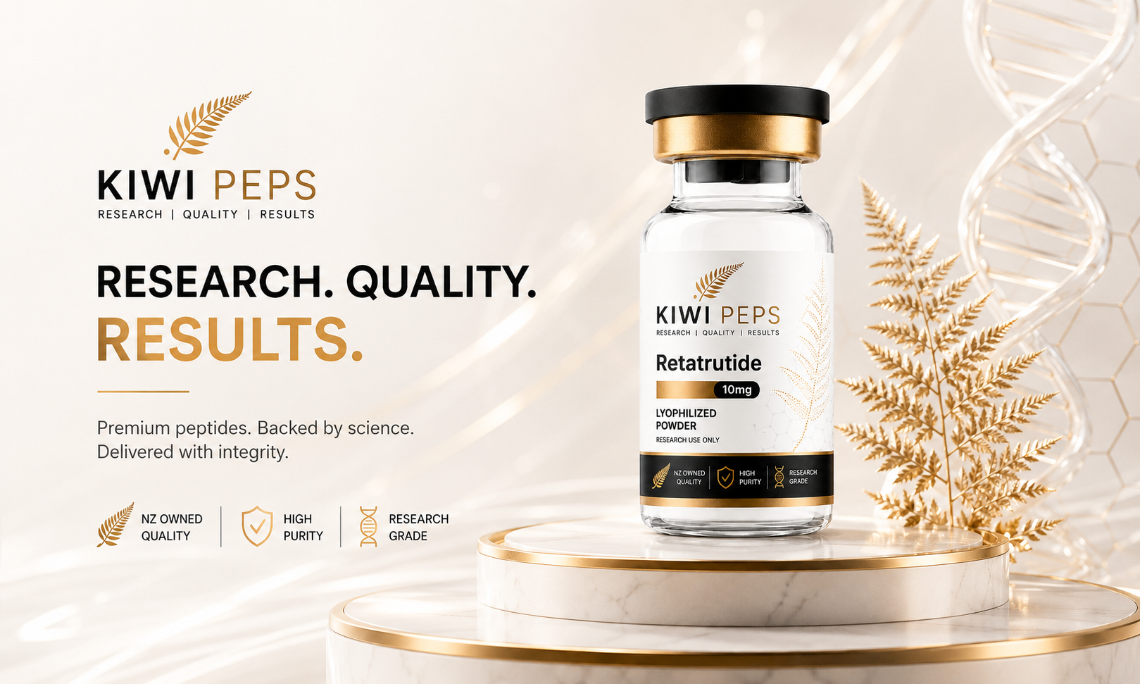 Kiwi Peps Retatrutide 10mg lyophilised research vial beside a gold fern — research, quality, results