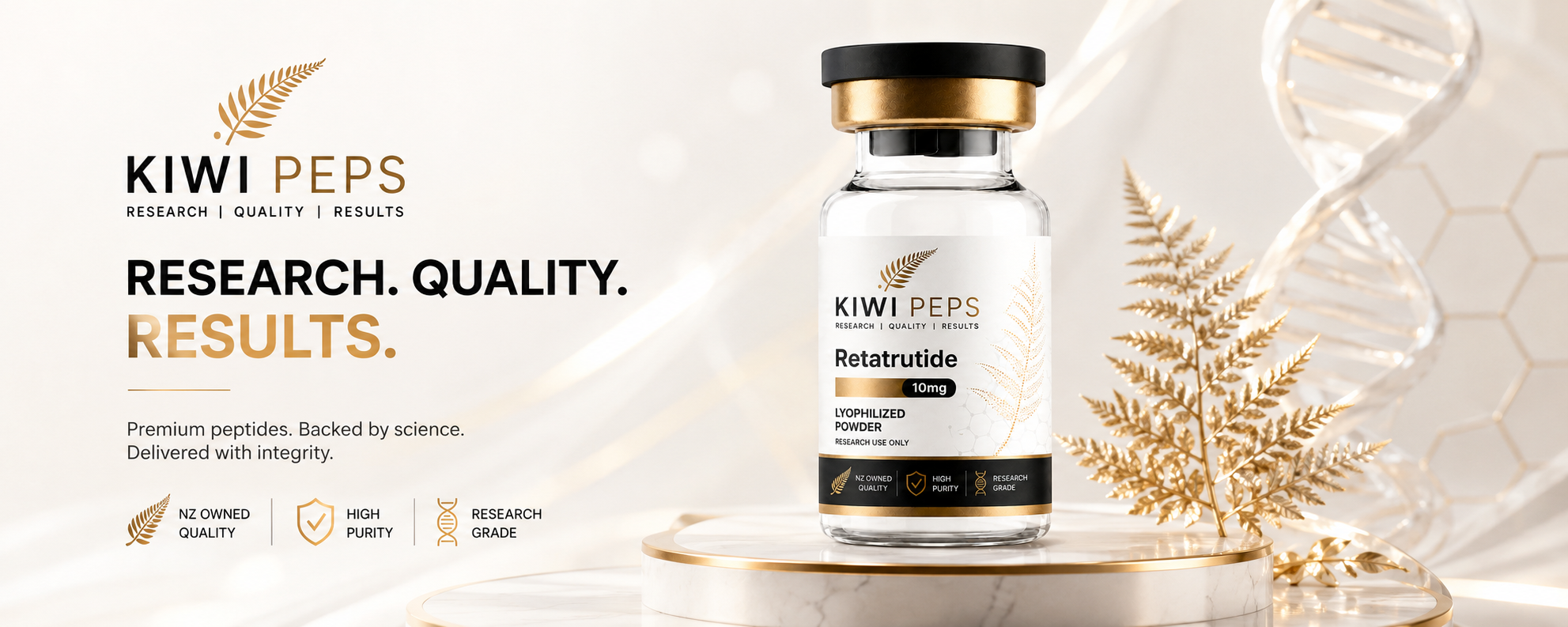 Kiwi Peps Retatrutide 10mg research vial on a marble plinth — NZ owned quality, high purity, research grade